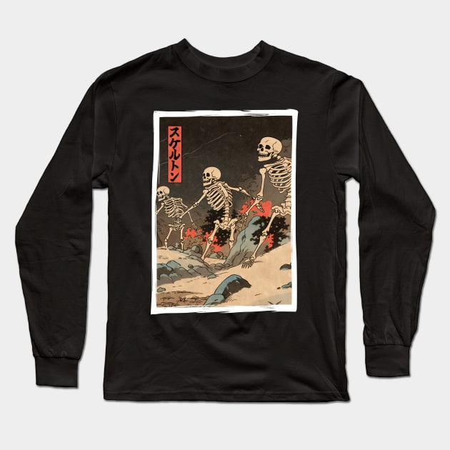 Creepy Horror Halloween Skeletons Rising - Vintage Japanese Ukiyo-e Woodblock Print Long Sleeve T-Shirt by TenchiMasaki